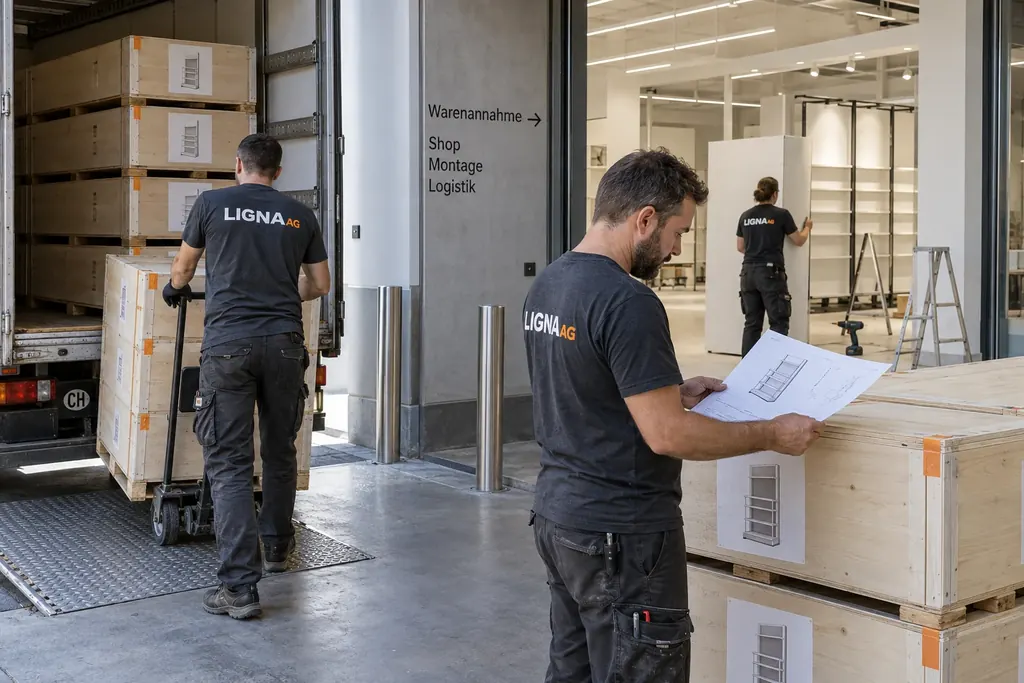 Montageteam bei der Materialkontrolle für einen Filial-Rollout