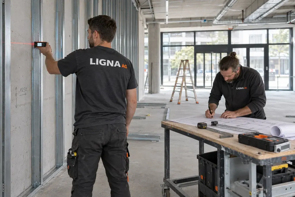 Monteur der Ligna AG beim Aufmass mit Laser auf einer leeren Verkaufsfläche