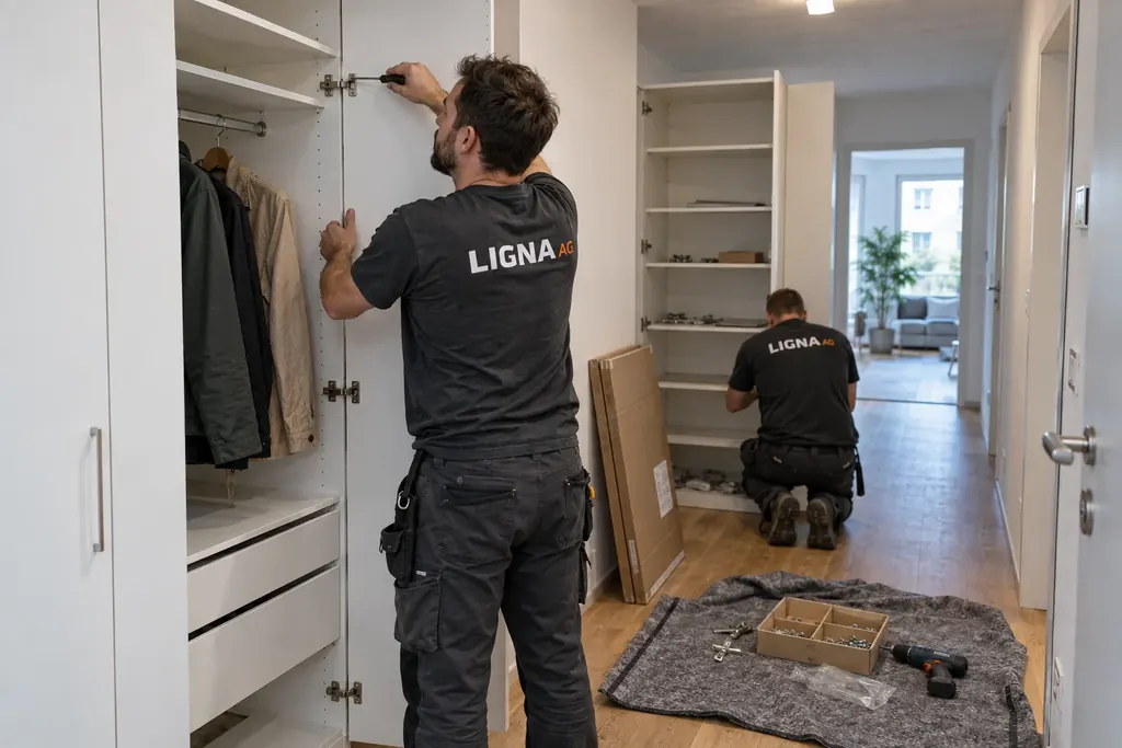Monteur der Ligna AG montiert einen Einbauschrank in einer Privatwohnung