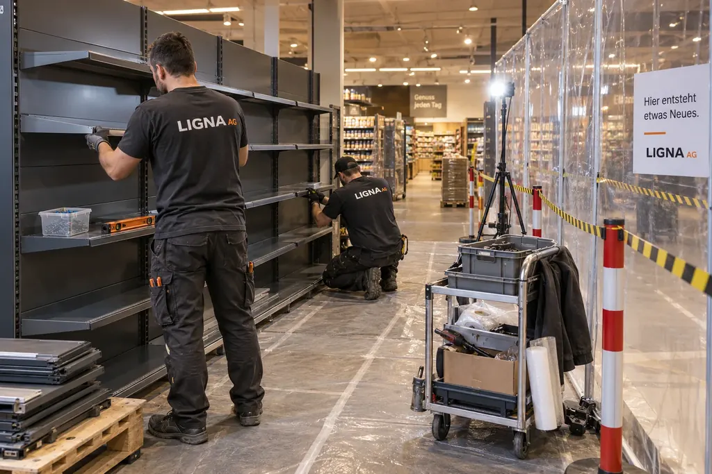 Regalumbau in der Nacht hinter einer abgesperrten Arbeitszone im Verkaufsraum